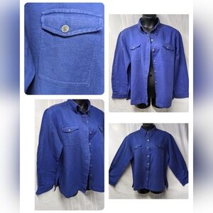 Size 3 blue cotton button up collared with 2 front pockets